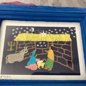 Framed Embroidered Nativity Scene Art by Gloria Marín